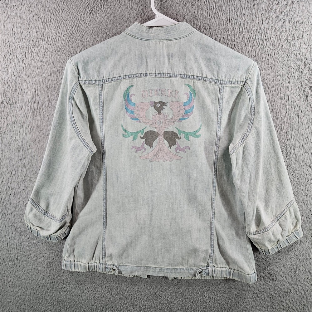 Diesel Womens Light Wash Denim Jacket Eagle Graphic 3/4 Sleeve Blue Size M